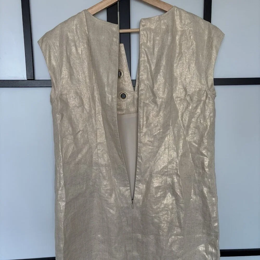 J. Crew Womens Linen Shift Dress‎ Size 8 Ivory/Gold Tone Career Office Preppy